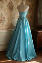 Retro Strapless Ball Gown Blue Satin Appliques Beaded Long Party Dress SP1946