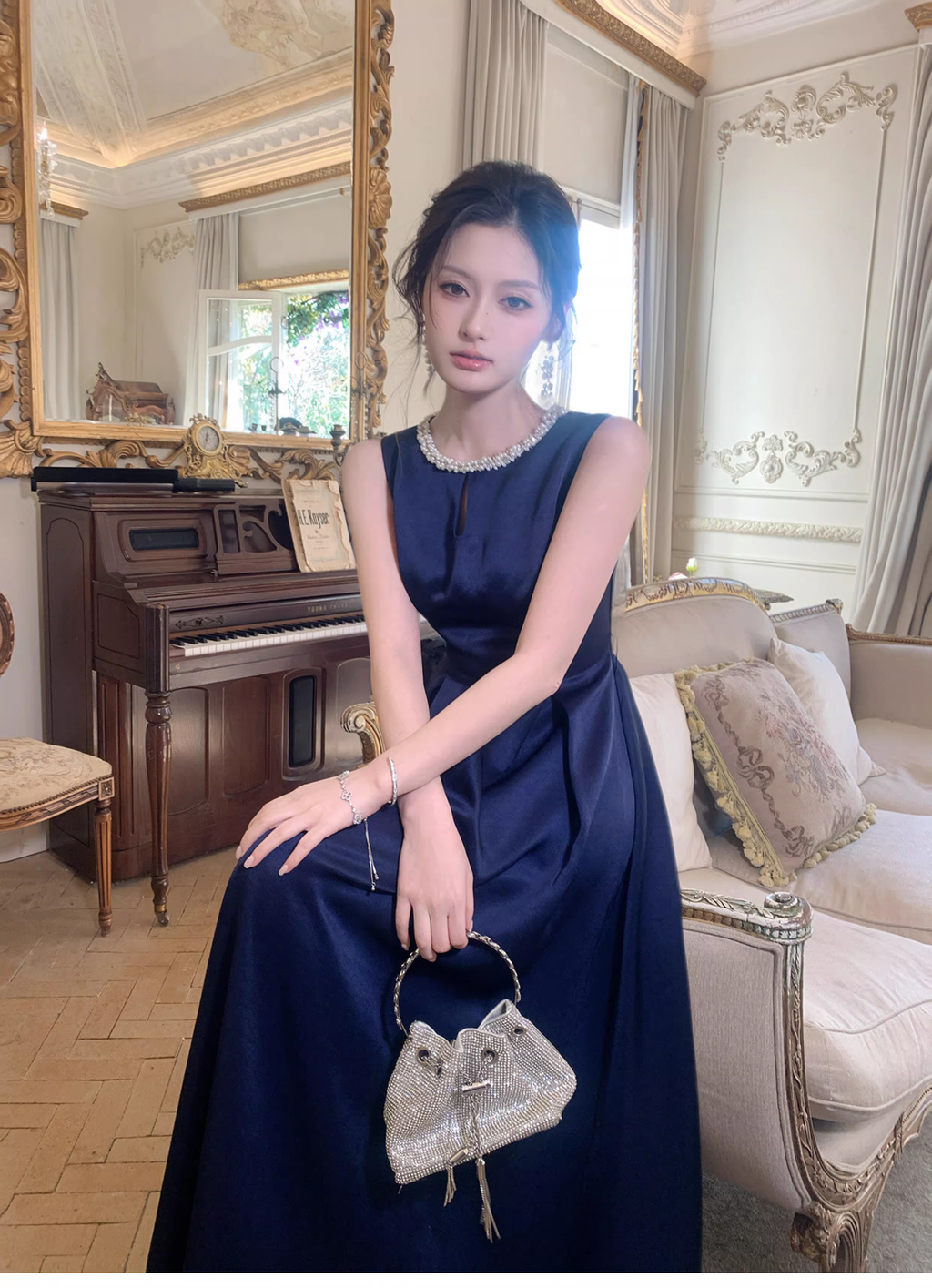 Stylish Sleeveless Navy Blue Satin Beaded A Line Long Birthday Dress Evening Gown SP1651
