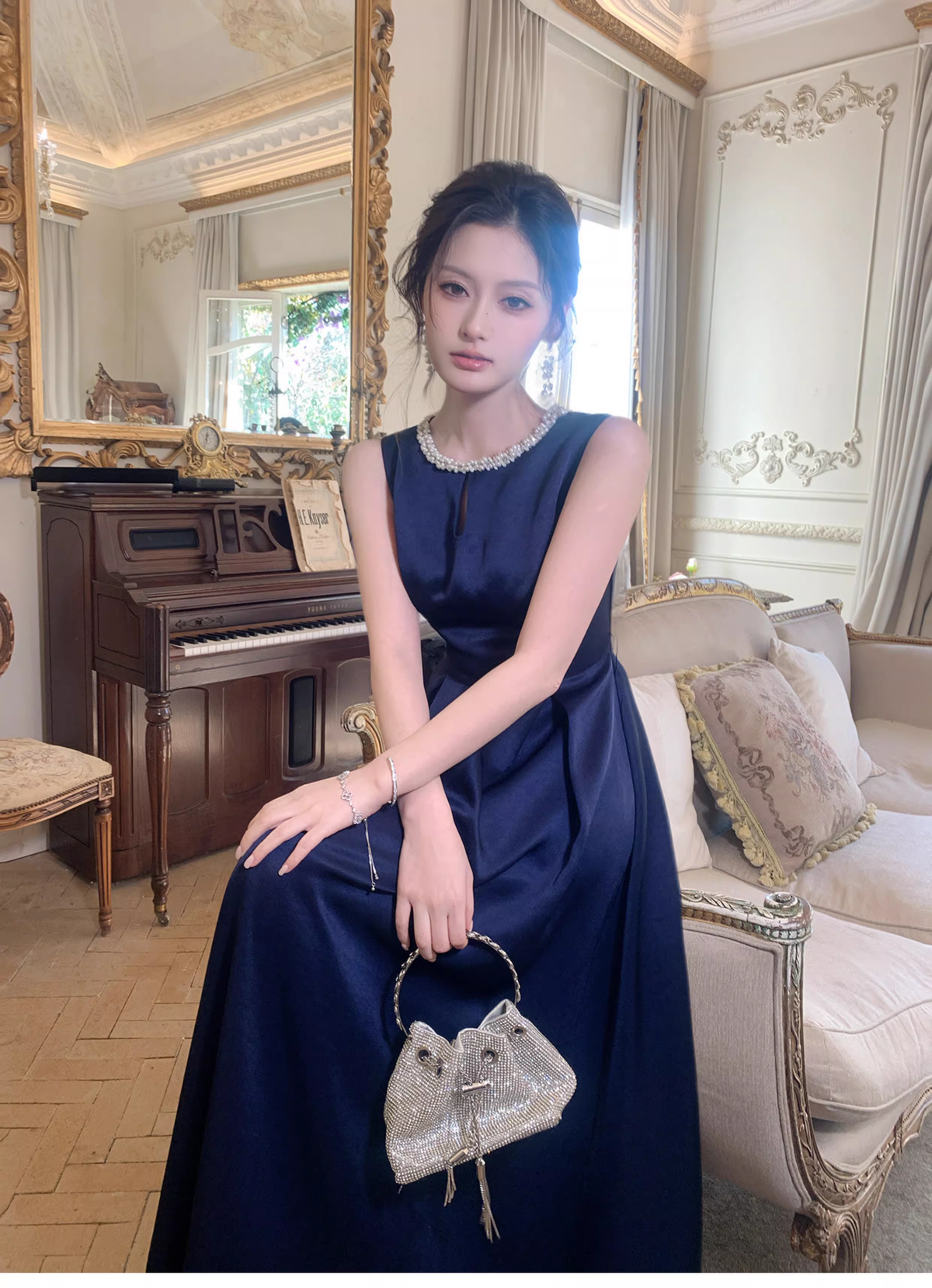 Stylish Sleeveless Navy Blue Satin Beaded A Line Long Birthday Dress Evening Gown SP1651