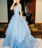 Glamorous Spaghetti Straps Blue Tulle Layered Ball Gown Long Evening Dress