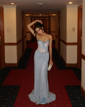 Glamorous Strapless Blue Sequin Beaded Mermaid Long Party Dress Evening Gown