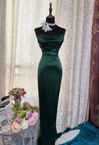 Sexy Spaghetti Straps Emerald Green Satin Sheath Long Evening Dress Formal Wedding Guest Dress SP1894