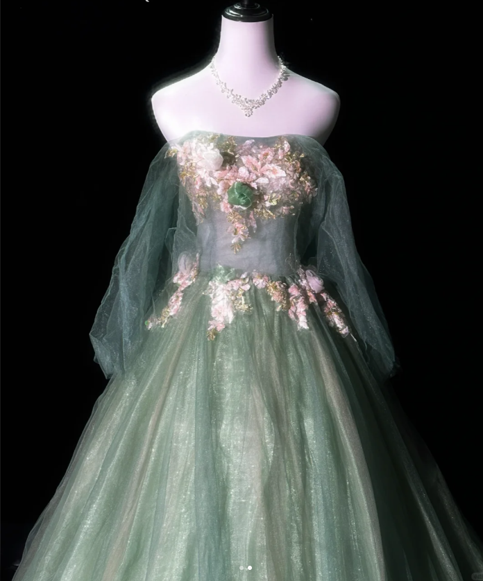 Charming Green Tulle Lace Appliques Long Prom Dress Evening Gown