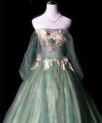 Charming Green Tulle Lace Appliques Long Prom Dress Evening Gown