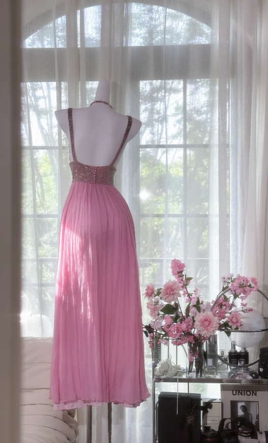 Classy Pink V Neck Chiffon Sequin A Line Long Party Dress Backless Birthday Prom Gown