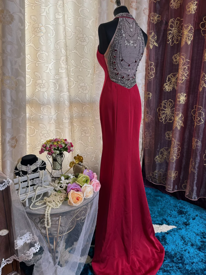 Classy Red Halter Satin Beaded Slit Evening Dress Long Mermaid Prom Gowns SP1617