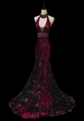 Charming Halter Beaded V Neck Lace Satin Mermaid Prom Dress Long Evening Dress SP610