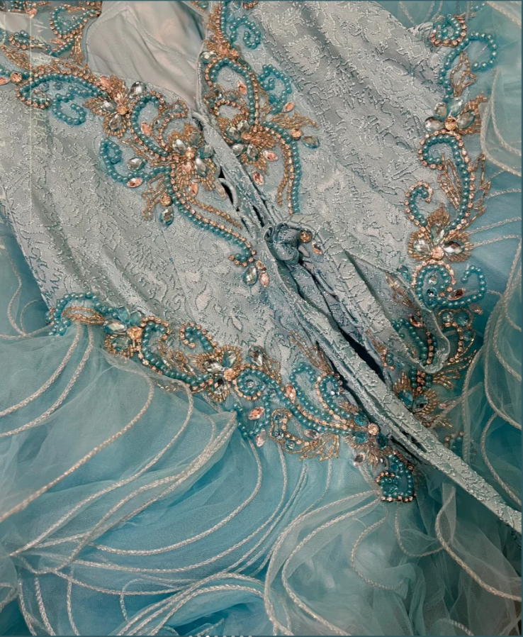 Elegant Blue Tulle Beaded Ruffles Long Ball Gown Formal Birthday Quinceanera Dress With Gloves