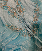 Elegant Blue Tulle Beaded Ruffles Long Ball Gown Formal Birthday Quinceanera Dress With Gloves