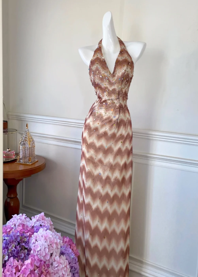 Chic Halter V Neck Chiffon Print Floral Sequin Beaded Mermaid Party Dress Birthday Prom Gown