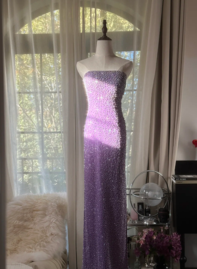 Glamorous Strapless Purple Chiffon Beaded Sheath Slit Prom Dress Long Party Gown