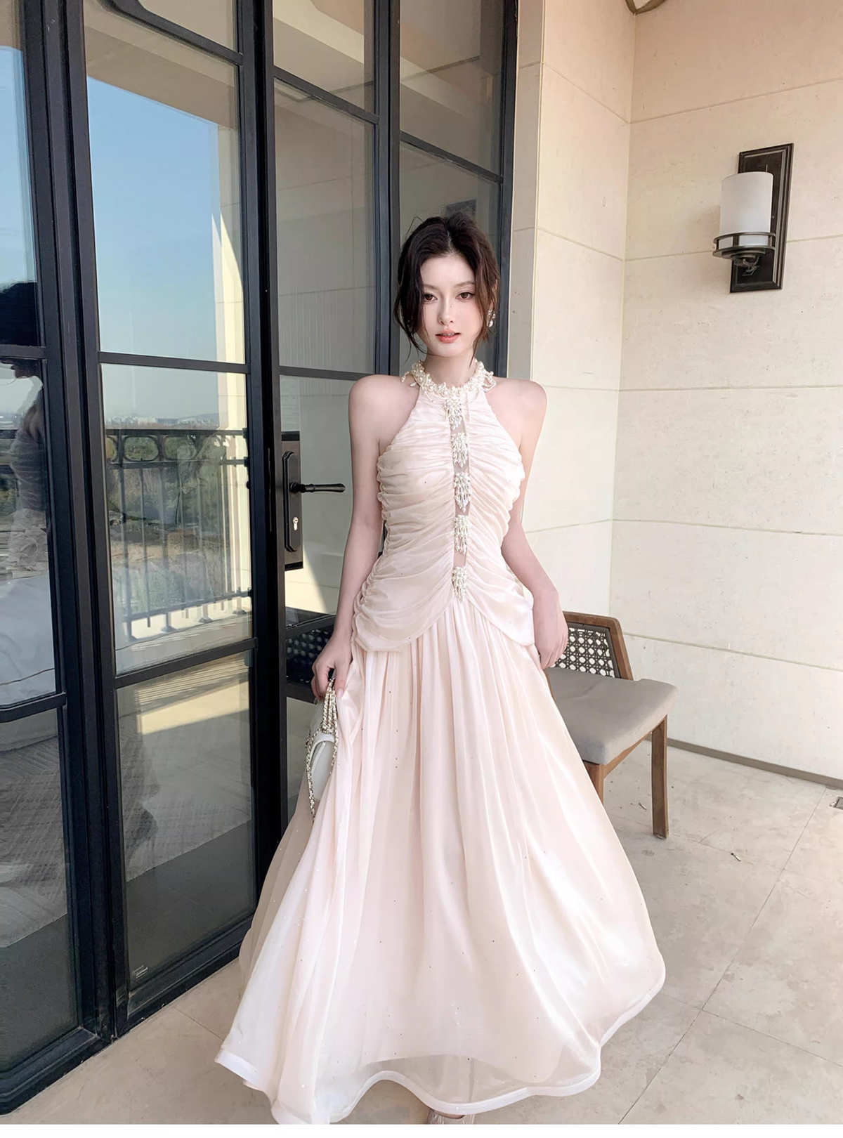 Elegant Pink Halter Tulle Sequin Beaded Mermaid Long Birthday Party Dress Formal Wedding Guest Dress SP1503