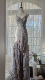 Purple Romantic Beaded Lace Long Chiffon Ruffles Evening Gown Formal Prom Dress Birthday Party Dress Y9791