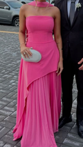 Trendy Pink Strapless Satin Pleated Long Party Dress Prom Gown With Scarf
