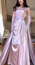 Classy Pink Satin Pleated Beaded Mermaid Party Dress Long Evening Gown With Gloves