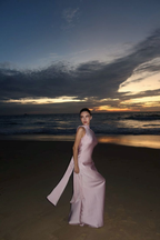 Sexy Sleeveless Pink Satin Mermaid Long Wedding Guest Dress Evening Dress With Scarf SP1301