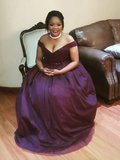 Off-the-Shoulder Sleeveless With Beading Floor-Length Tulle Plus Size Dresses Purple Prom Dress Y1084