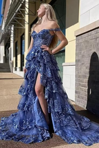 Off Shoulder Navy Blue Tulle Lace Long Prom Dresses, Off The Shoulder Lace Blue Evening Party Dresses Y2973