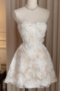 Classy Strapless White Lace Flowers A Line Short 20th Birthday Outfits Homecoming Dress SP203