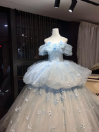 Elegant Off The Shoulder Blue Tulle Layered Appliques Ball Gown Sweet 16 Dress Quinceanera Dress