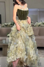 Chic Green Strapless Velvet Tulle Petals Long Birthday Outfits Formal Evening Dress SP838