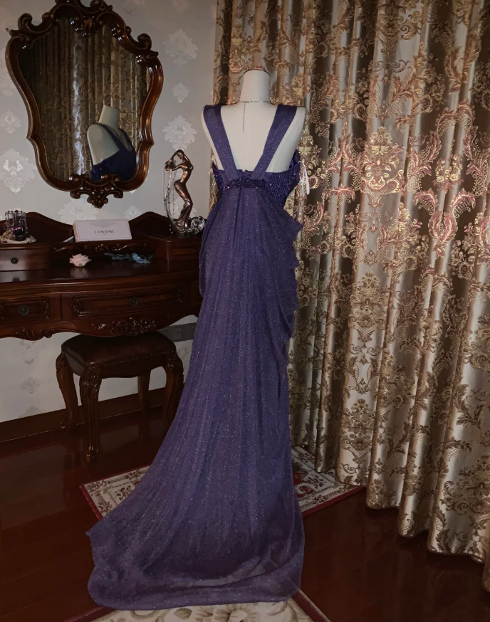 Sparkly Purple Tulle Sequin Beaded Pleated Mermaid Evening Dress Long Birthday Prom Gown