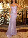 Pretty One Shoulder Purple Satin Pleated Beaded Mermaid Wedding Guest Dress Long Evening Dress Party Gown