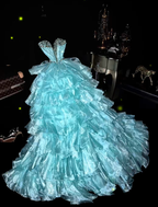 Classy Sweetheart Neck Blue Tulle Layered Beaded Long Birthday Prom Dress Evening Gown SP723