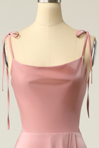 Blush Pink Cowl Neck Satin Long Prom Dress A-line Junior Prom Dress Y690