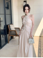 Elegant Pink Halter Tulle Sequin Beaded Mermaid Long Birthday Party Dress Formal Wedding Guest Dress SP1503