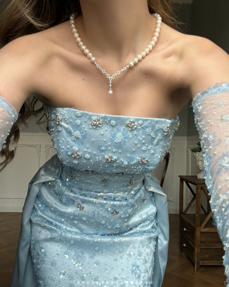 Classy Strapless Light Blue Satin Tulle Beaded Mermaid Prom Dress Long Party Gown