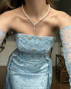 Classy Strapless Light Blue Satin Tulle Beaded Mermaid Prom Dress Long Party Gown