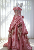 Stunning Pink Strapless Satin Lace Beaded Long Birthday Party Dress Prom Dresses SP1524