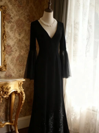 Elegant Black V Neck Satin Sequin Mermaid Party Dress Birthday Prom Gown