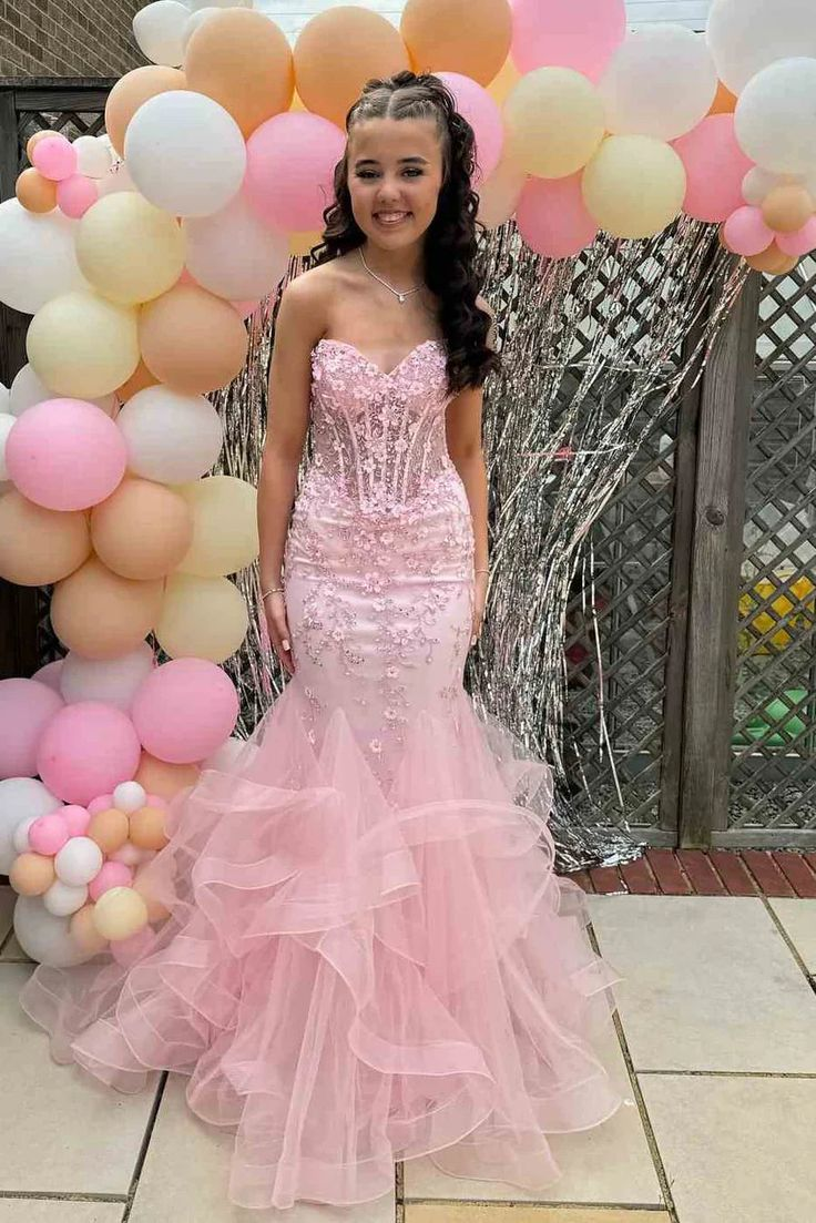 Pretty Strapless Pink Tulle Appliques Beaded Mermaid Party Dress Long Evening Gown