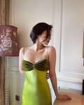 Chic Spaghetti Straps Bright Green Satin Mermaid Evening Dress Long Wedding Guest Dress SP338