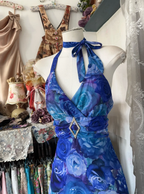 Unique Halter V Neck Blue Print Floral Mermaid Long Evening Dress Birthday Prom Gown