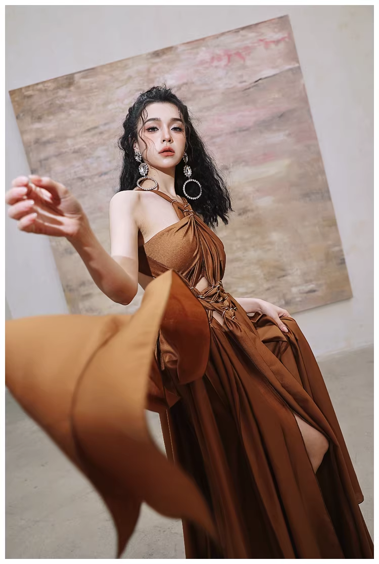 Sexy Halter Caramel Backless Satin Long party Dress Evening Gown