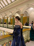 Gorgeous Navy Blue Strapless Satin Pleated Beaded Long Party Dress Evening Gown With Gloves