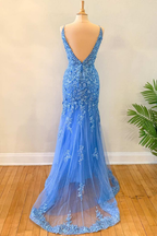 Blue Floral Appliques Backless Mermaid Long Prom Dress Y1889