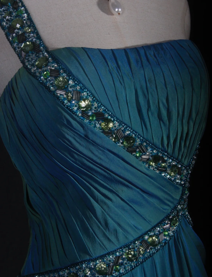 Unique Blue One Shoulder Satin Pleated Beaded Mermaid Prom Dress Long Birthday Evening Gowns