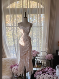 Pretty Spaghetti Straps Light Pink Lace Pleated Mermaid Long Wedding Guest Dress Formal Prom Dress Party Gown