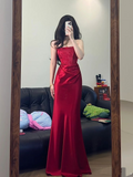Pretty Strapless Red Satin Pleated Mermaid Evening Dress Long Party Gown