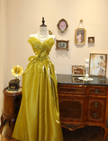 Unique Mustard Green Strapless Satin Tulle Pleated A Line Long Evening Dress Formal Wedding Guest Dress SP1662