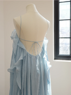 Pretty Spaghetti Straps Blue Chiffon Ruffle Long Party Dress Prom Gown