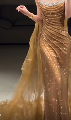 Glitter Gold Strapless Sequin Beaded Mermaid Long Party Dress Birthday Prom Dress SP1750