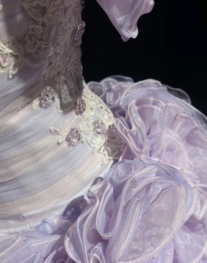Fairy Princess Ball Gown Lilac Strapless Organza Pleated Ruffles Birthday Quinceanera Dress With Appliques SP1818