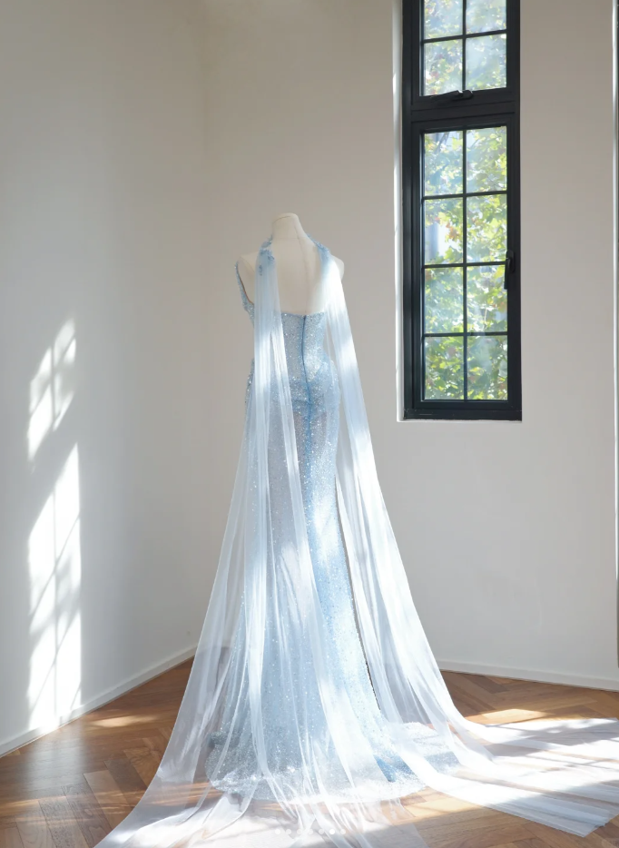 Pretty Strapless Light Blue Sequin Beaded Mermaid Long Birthday Party Dress Evening Gown