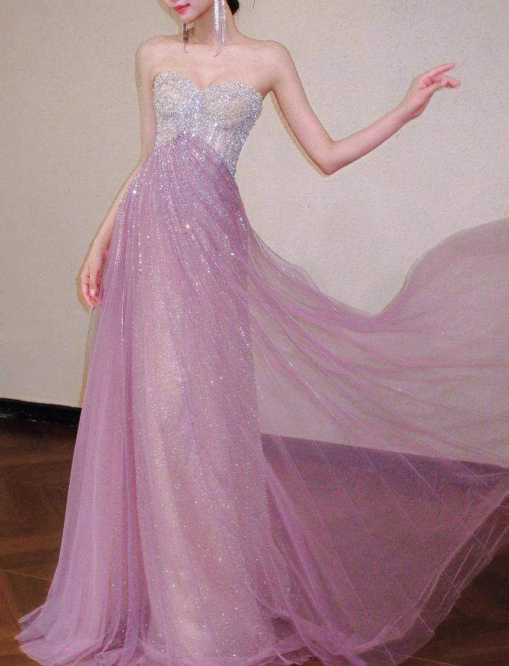 Glitter Strapless Pink Tulle Sequin A Line Long Party Dress Evening Gown