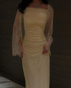 Classy Yellow Square Neck Lace Beaded Long Evening Dress Birthday Outfits SP839